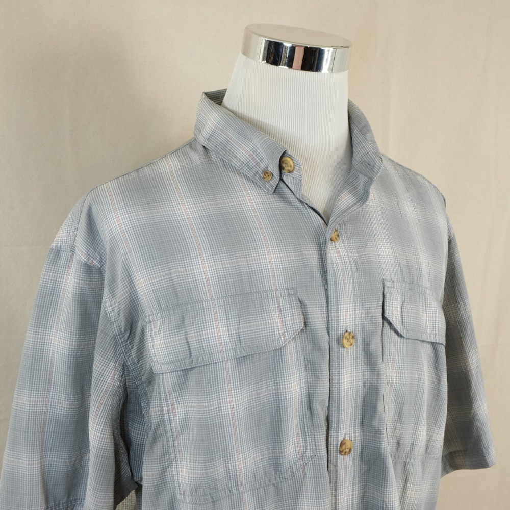 Duluth Trading Large Relaxed Fit Untucked Shirt Gray Plaid Short Sleeve Mens